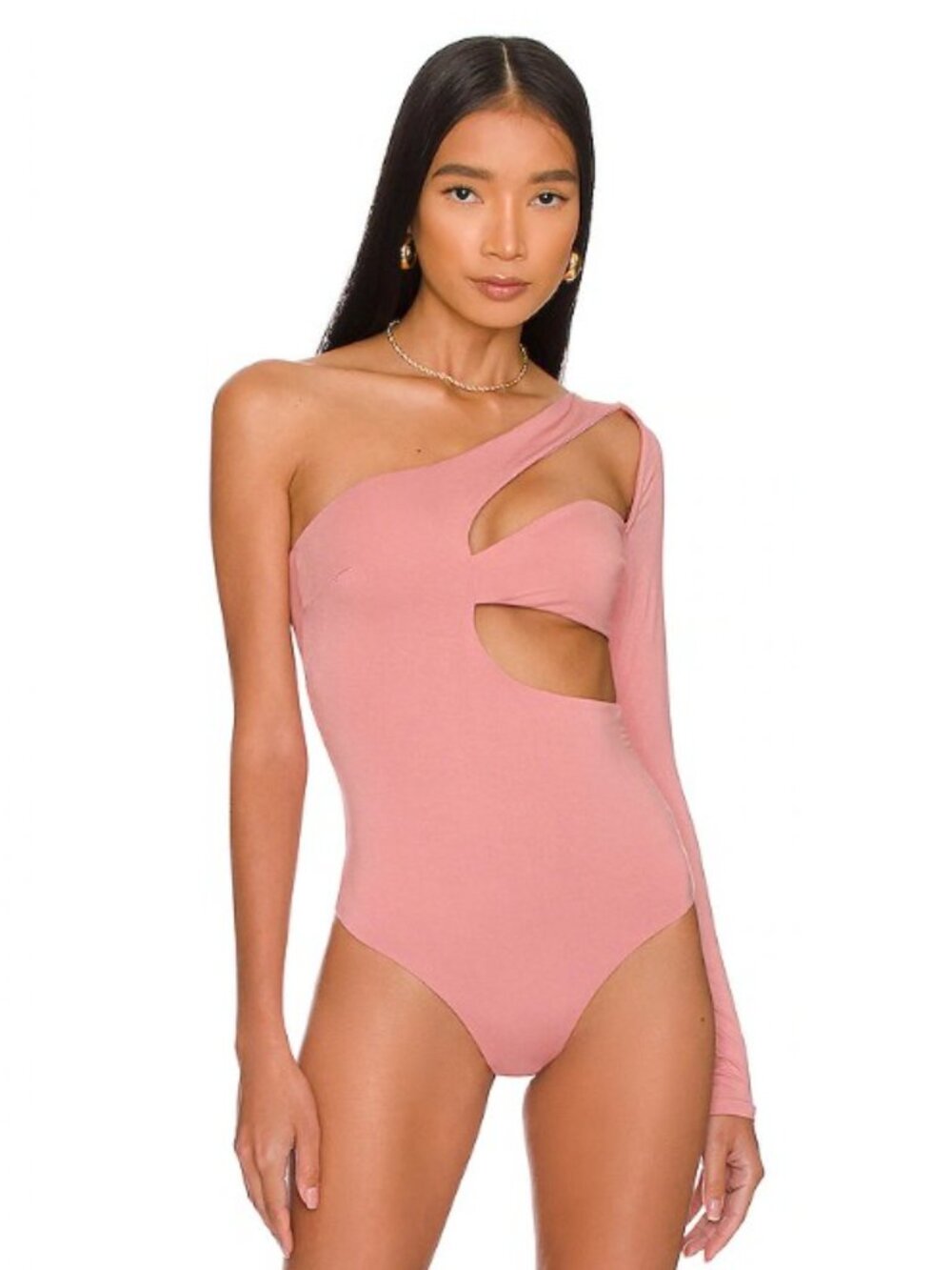 One-Shoulder Cutout Bodysuit in Dusty Rose